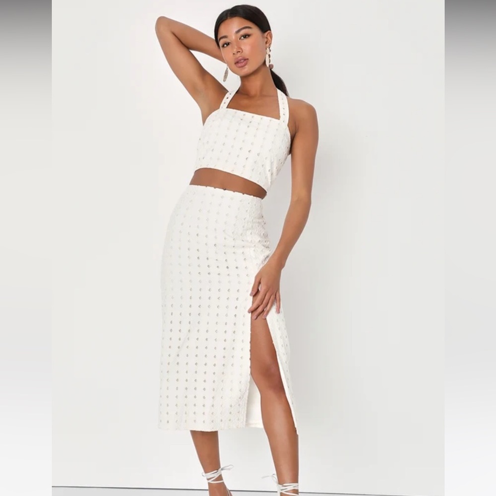 Baja Beauty Ivory Eyelet Embroidery Midi Skirt And Tank Set XL